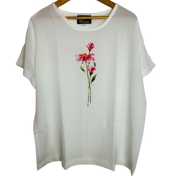 NOS Vintage Silver Threads Women's Silky Short Sleeve Blouse Flower Graphic USA - Picture 1 of 5